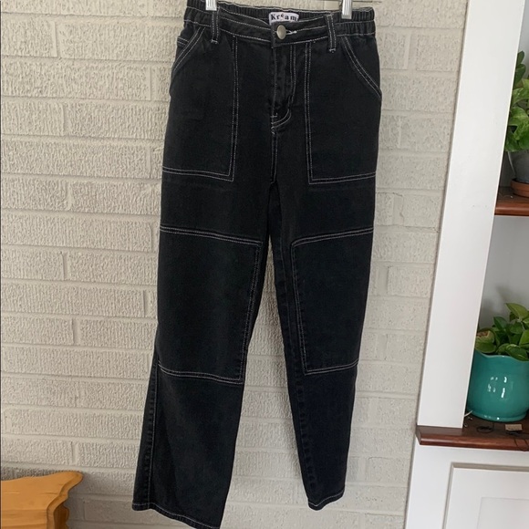 Kreamy Cargo Straight Leg Jeans Women Size S Elastic Waist Contrast Stitching - Picture 1 of 13